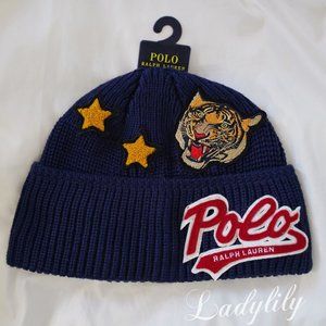 NWT Polo Ralph Lauren NAVY BLUE TIGER Patch Stars Script Skull Beanie Hat Cap